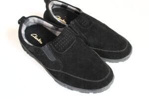 Clarks Comfort Shoe Loafer Womens 8 Black Suede Flannel Lined Hard Sole Slipper
